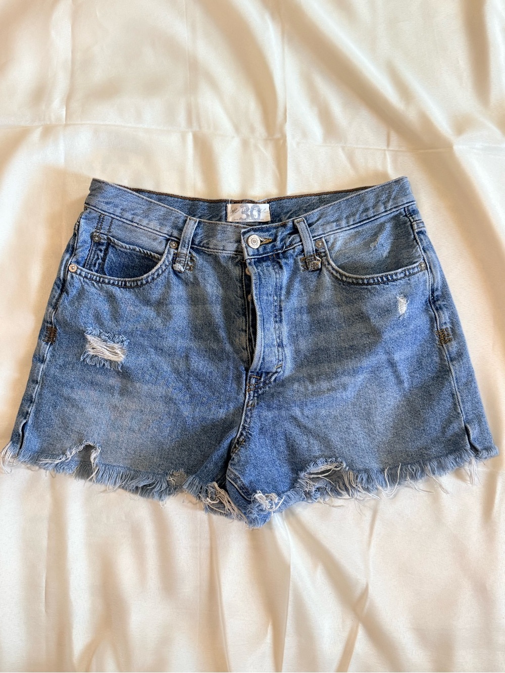 We The Free Light Blue Distressed Denim Shorts